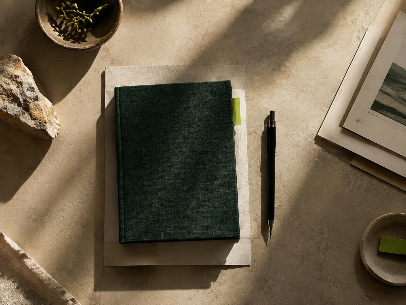 A dark green notebook and pencil on a considered founder's worktable